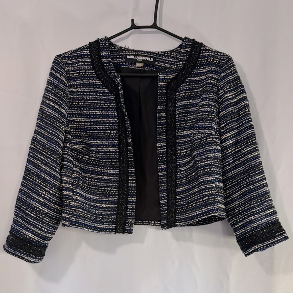 Karl Lagerfeld | Blue and White Tweed Blazer with Black Trimming
